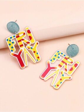 Playful 'Friyay' Acrylic Statement Earrings in Multicolor